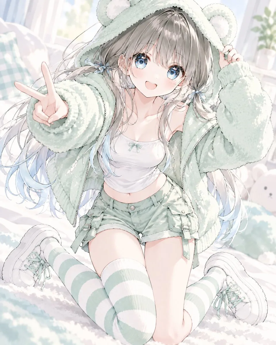 Cute mint green fleece bear-ear hoodie with cargo shorts and platform sneakers. (2)