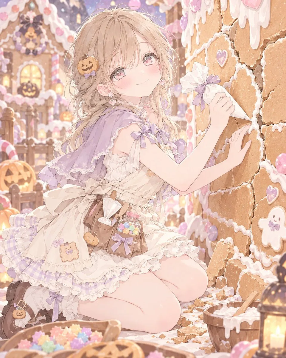 Anime girl in apron dress repairing a Halloween gingerbread house with white icing.