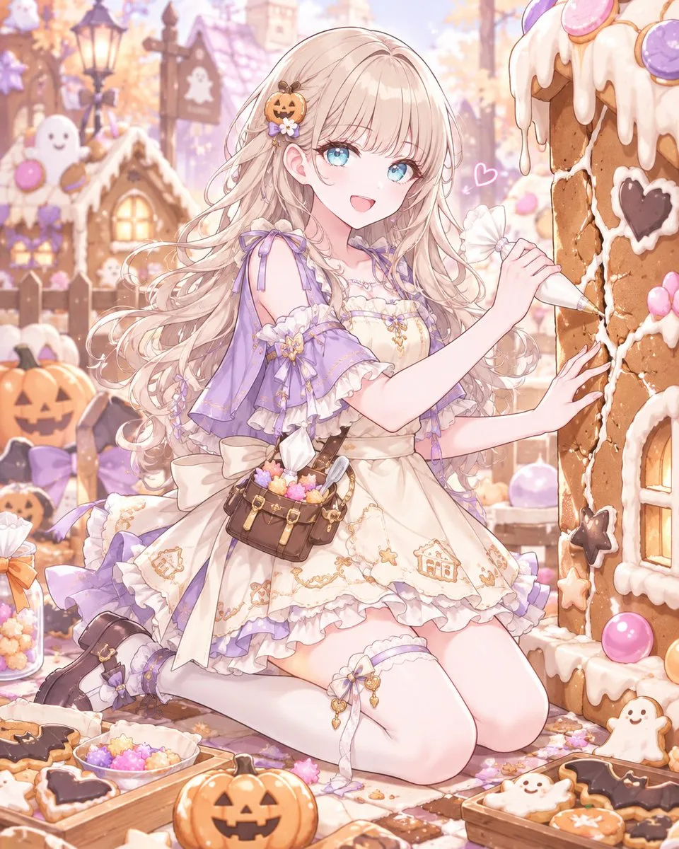 Anime girl in apron dress repairing a Halloween gingerbread house with white icing. (2)