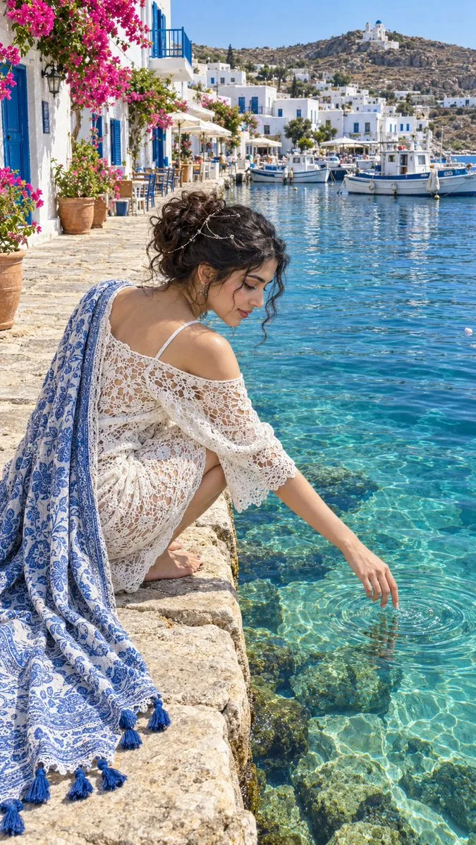 A young woman in a white dress crouching by a turquoise Greek harbor.