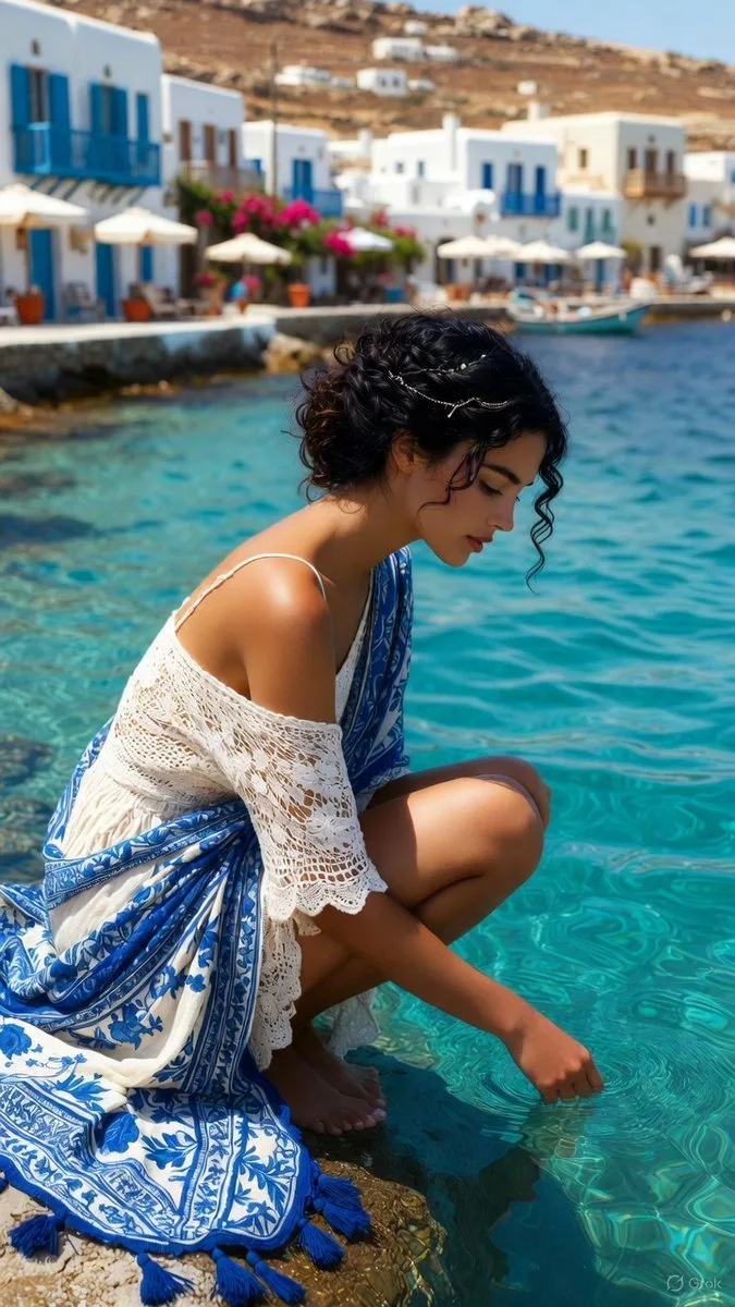 A young woman in a white dress crouching by a turquoise Greek harbor. (2)