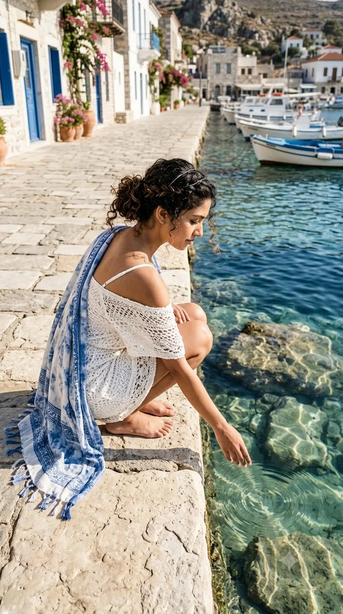 A young woman in a white dress crouching by a turquoise Greek harbor. (3)