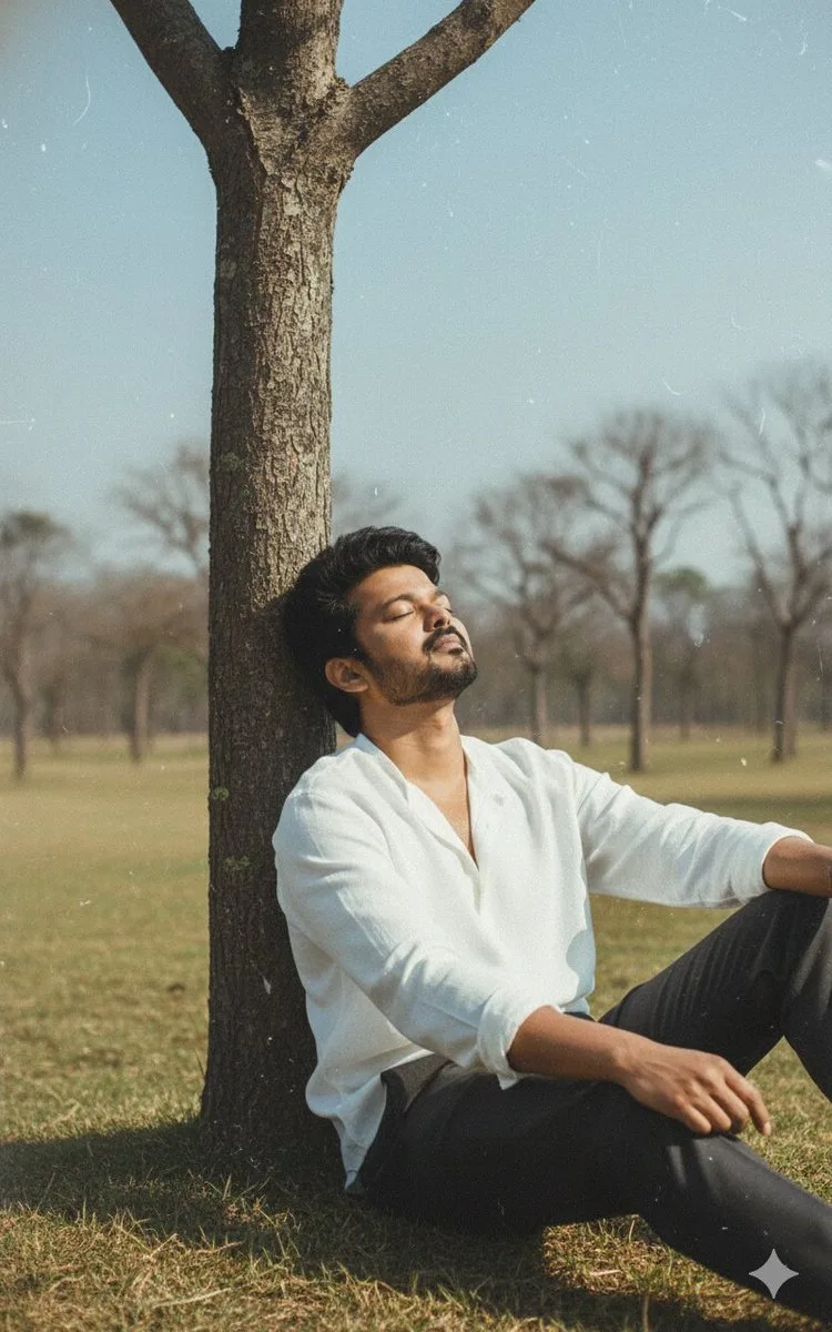 A man in a white shirt resting against a bare tree in a grassy field. (2)