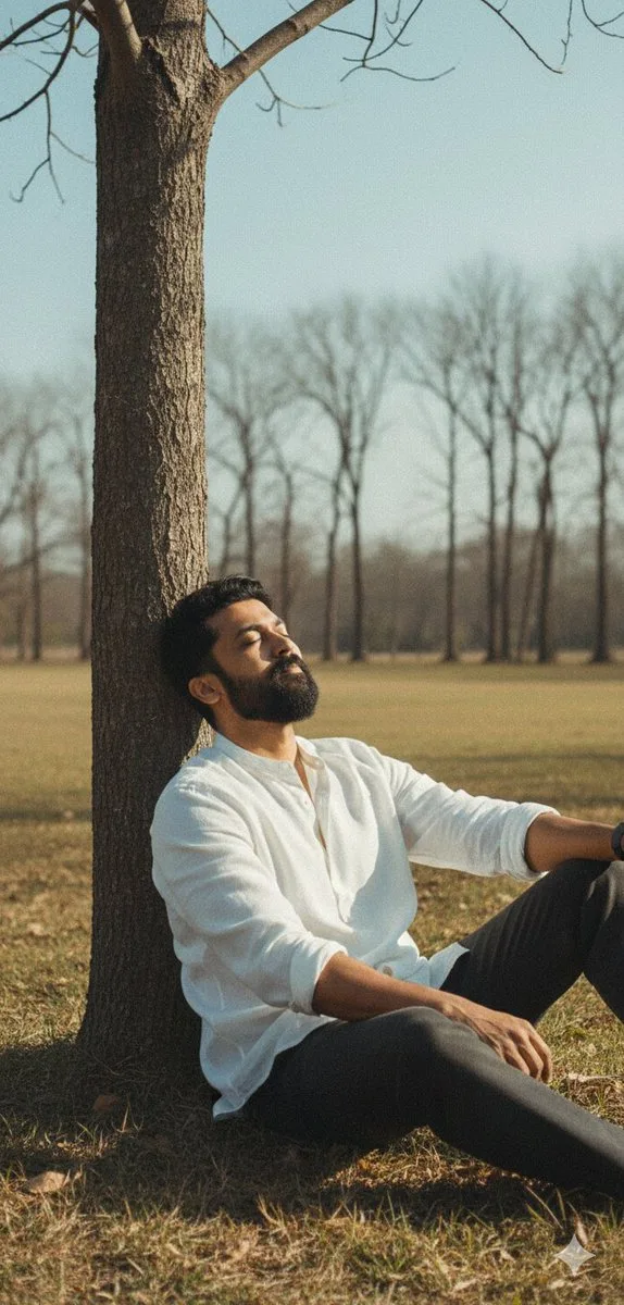 A man in a white shirt resting against a bare tree in a grassy field. (3)