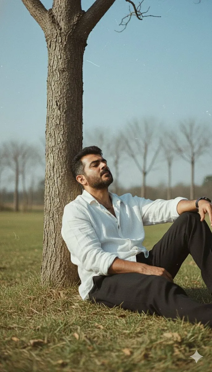 A man in a white shirt resting against a bare tree in a grassy field. (4)