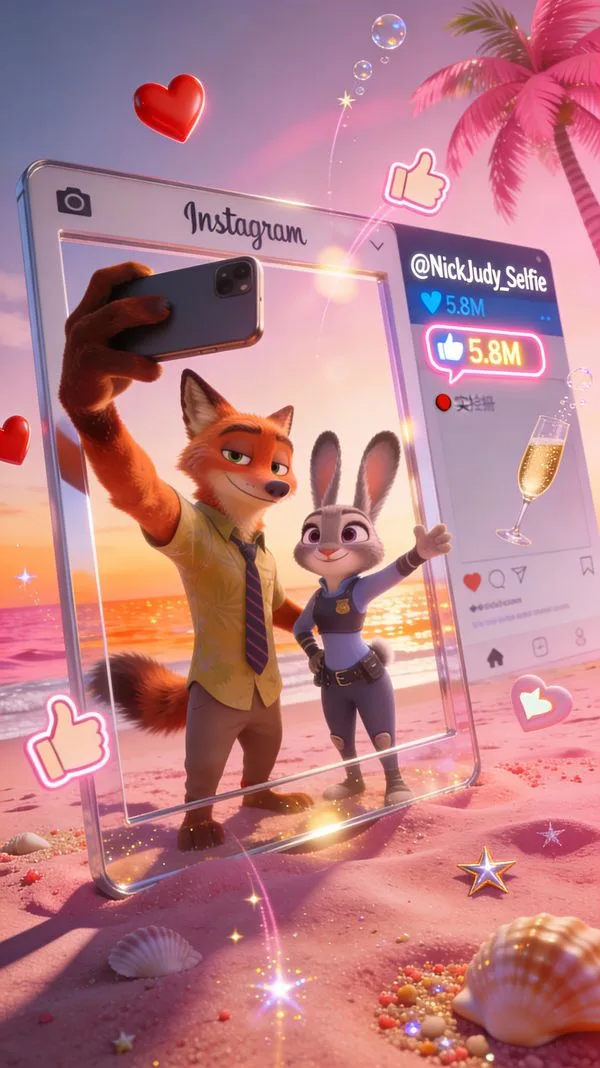 Nick Wilde and Judy Hopps taking a selfie on a pink beach with floating social media UI elements.