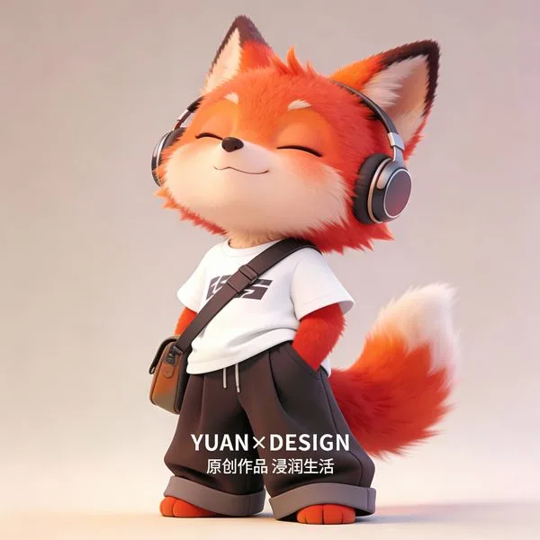 A cute fluffy fox character wearing headphones and trendy streetwear with a relaxed expression.