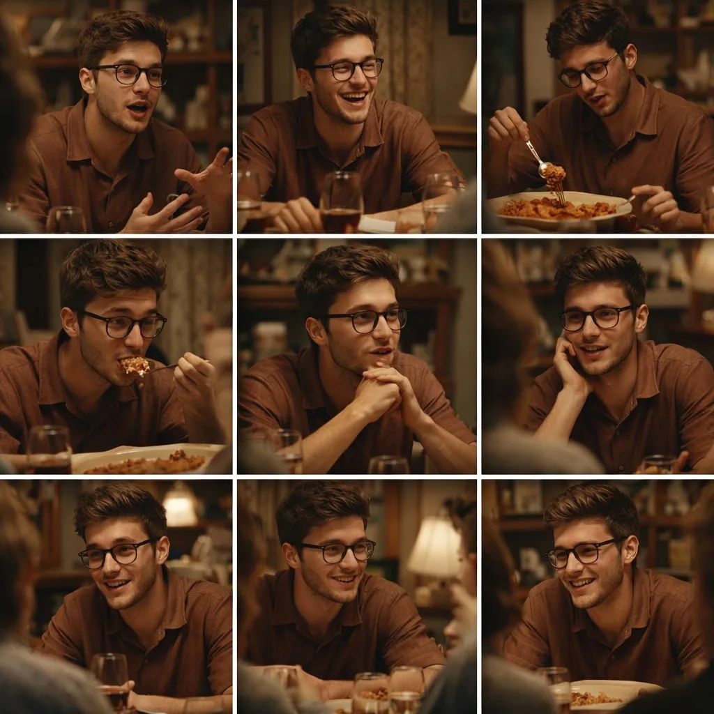 A cinematic storyboard grid of a young man laughing and eating at a dinner table.