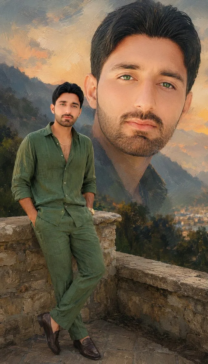 A stylish South Asian man in a green linen suit with an overlaid portrait background.