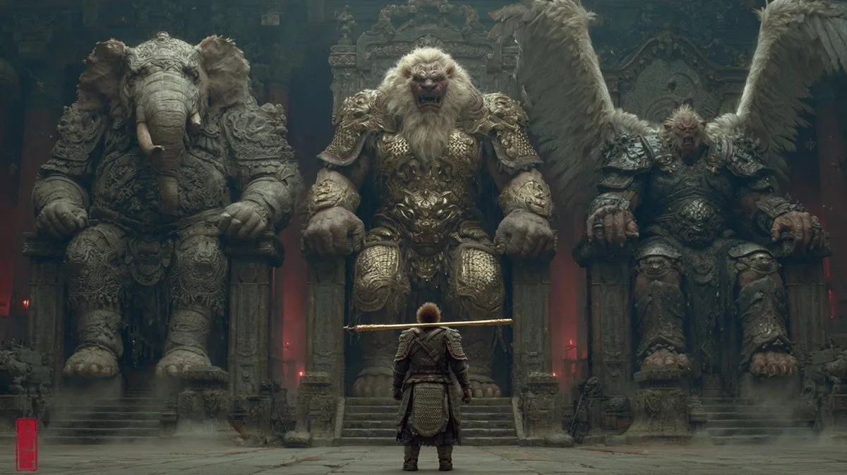 Sun Wukong walking towards three armored demon kings on giant thrones in a dark mythological landscape.
