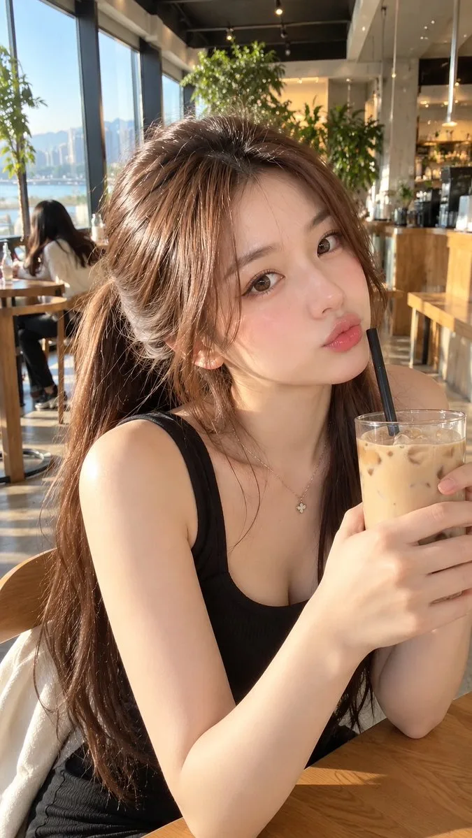 Young Korean woman taking a selfie with an iced latte in a modern cafe.