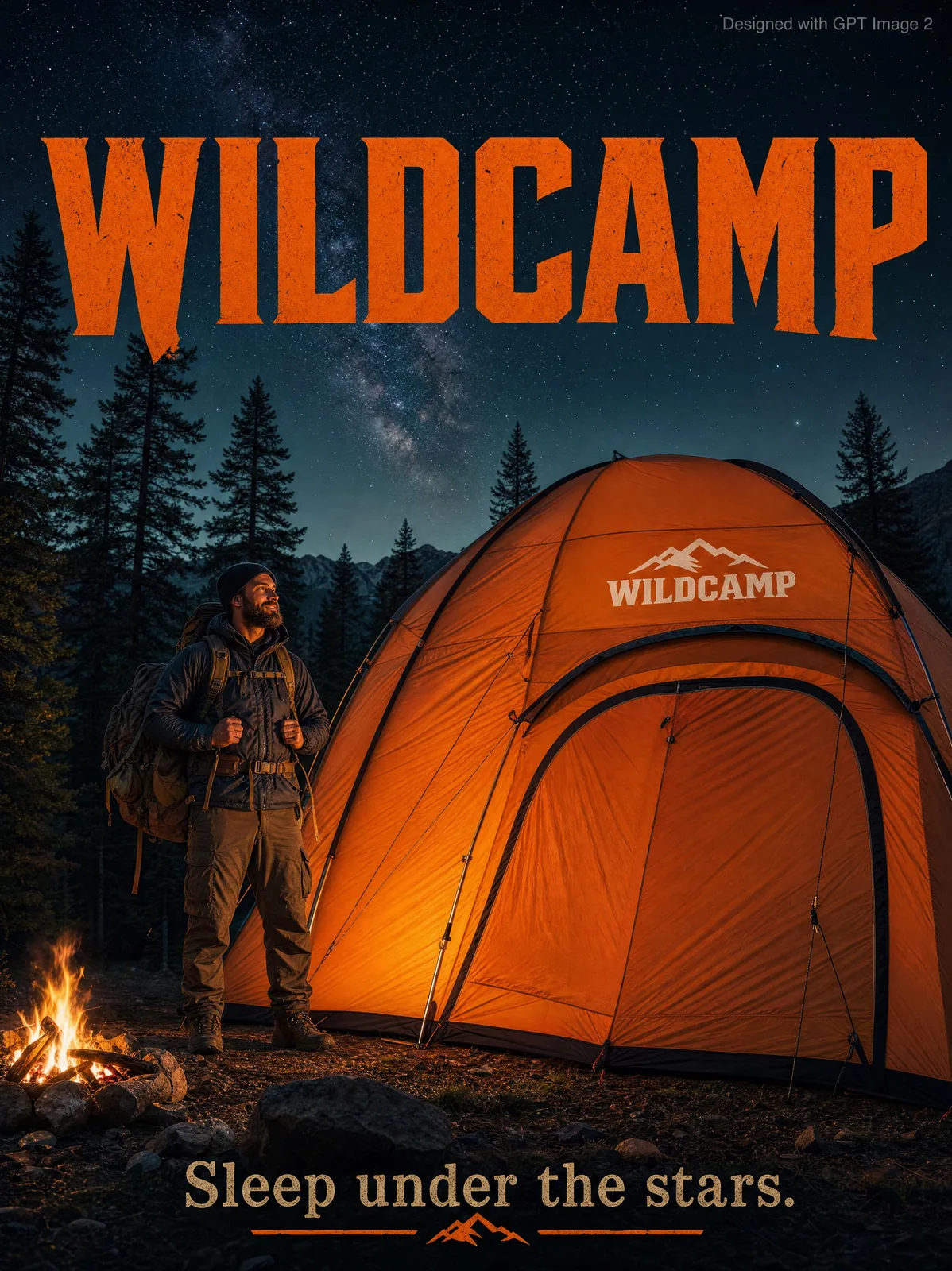 Man in hiking gear beside large orange tent in forest at night.