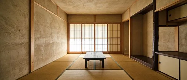 Minimalist Japanese homestay interior with tatami mats, shoji doors, and warm natural light.