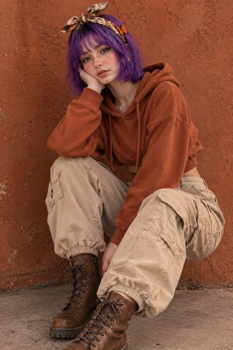 Young woman with purple hair wearing a rust-orange hoodie and cargo pants in an editorial portrait.