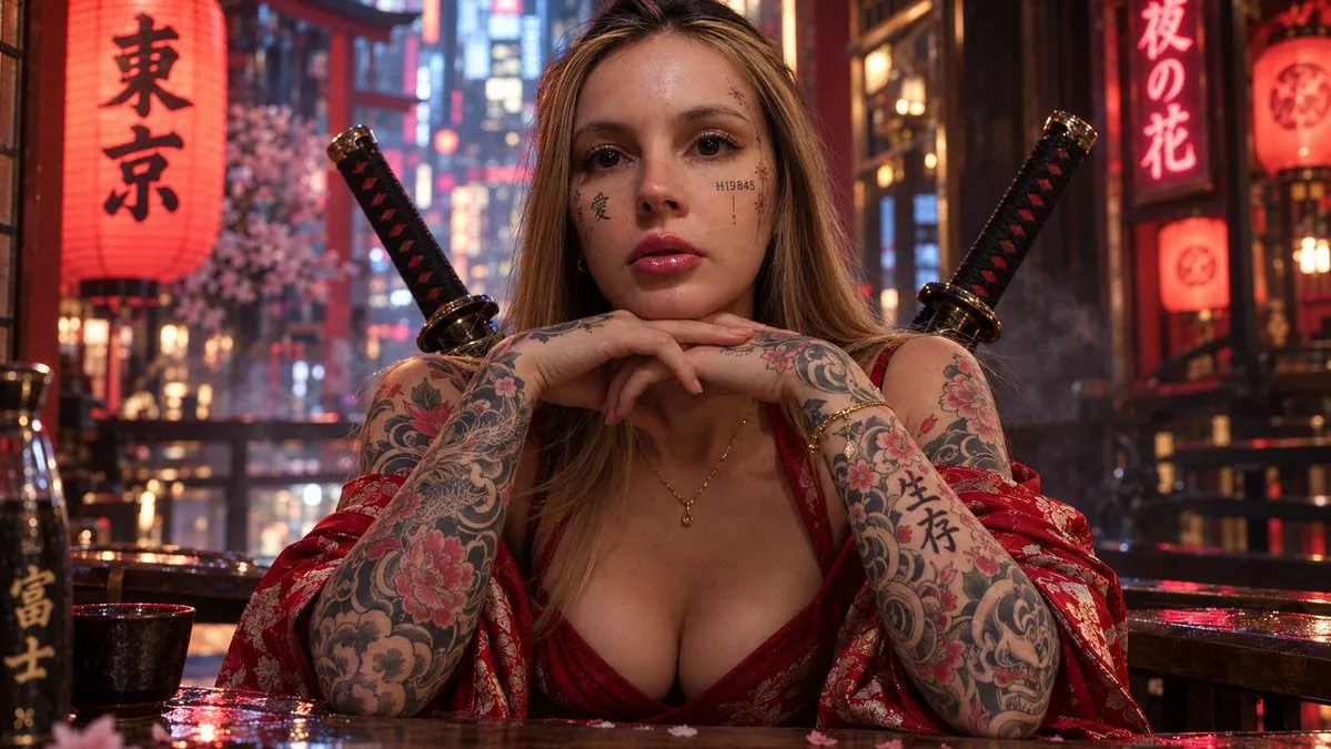 A woman with cyberpunk facial tattoos and traditional irezumi arm tattoos posing with katanas.