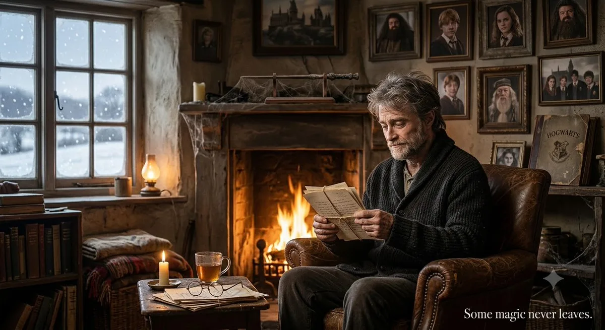 An elderly wizard reading old letters by a warm fireplace in a cozy winter cottage.