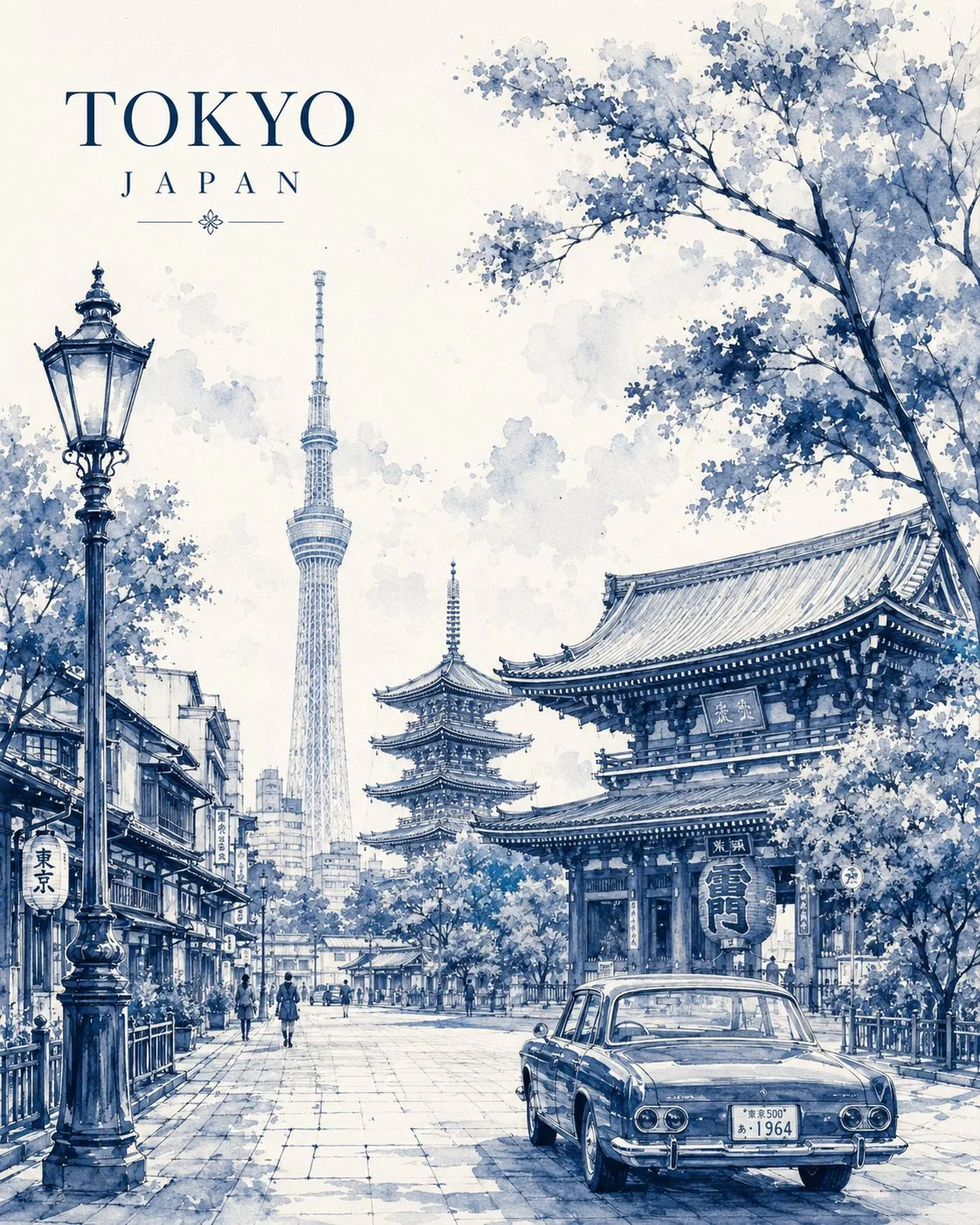 Minimalist vintage watercolor city travel poster with fine ink line art and monochromatic tones.