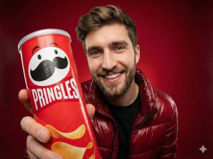 A person smiling while holding a bag of Cheetos in a fisheye lens portrait.