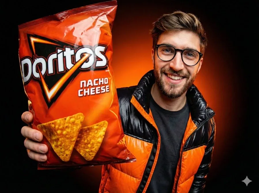 A person smiling while holding a bag of Cheetos in a fisheye lens portrait. (2)