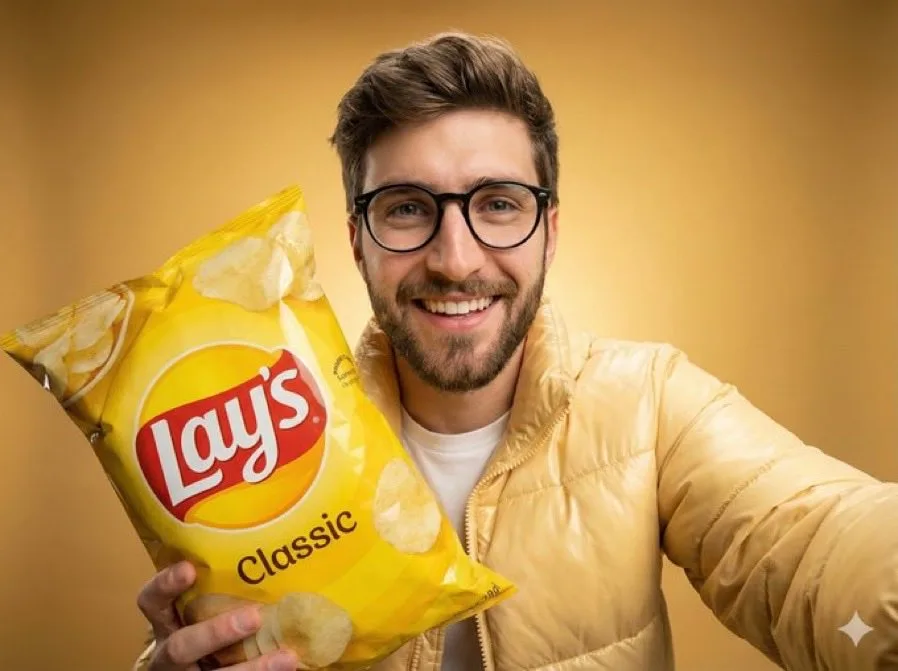 A person smiling while holding a bag of Cheetos in a fisheye lens portrait. (3)