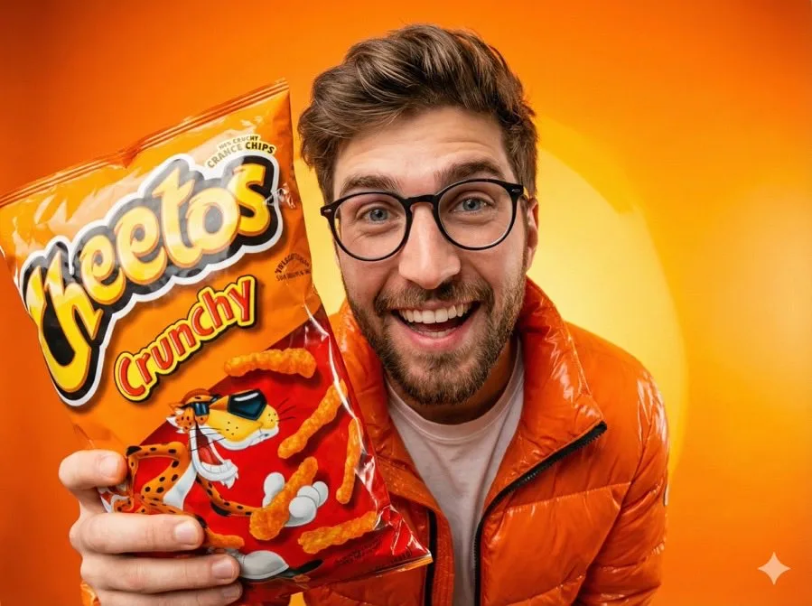 A person smiling while holding a bag of Cheetos in a fisheye lens portrait. (4)