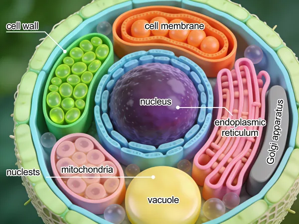3D scientific cross-section illustration of a plant cell with labeled organelles.