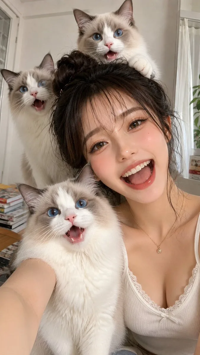 A woman taking a selfie with three white-grey cats in a bright, sunlit room.