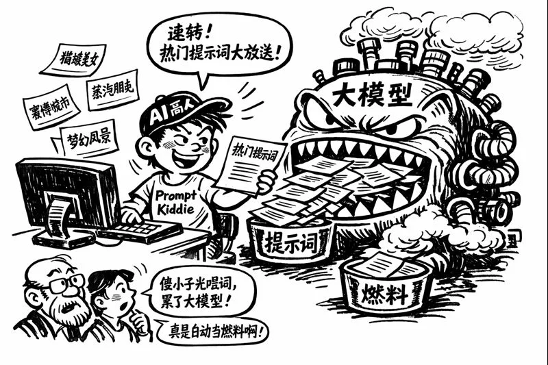 Satirical cartoon critiquing social media AI prompt experts.