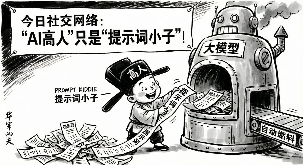 Satirical cartoon critiquing social media AI prompt experts. (2)