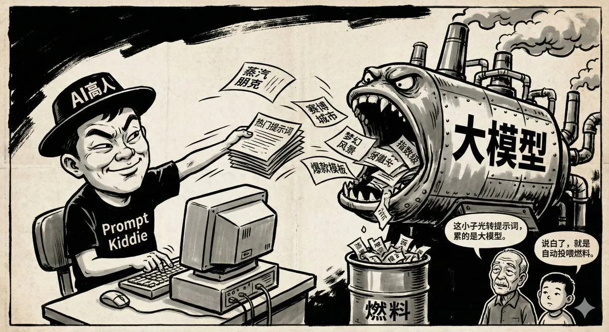 Satirical cartoon critiquing social media AI prompt experts. (3)