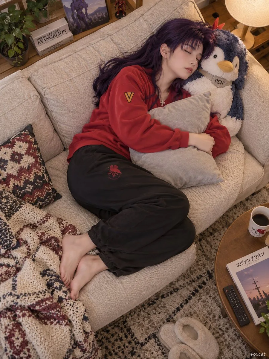 Overhead view of a person sleeping peacefully on a cozy sofa hugging a pillow.