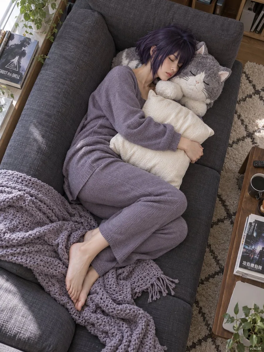 Overhead view of a person sleeping peacefully on a cozy sofa hugging a pillow. (3)