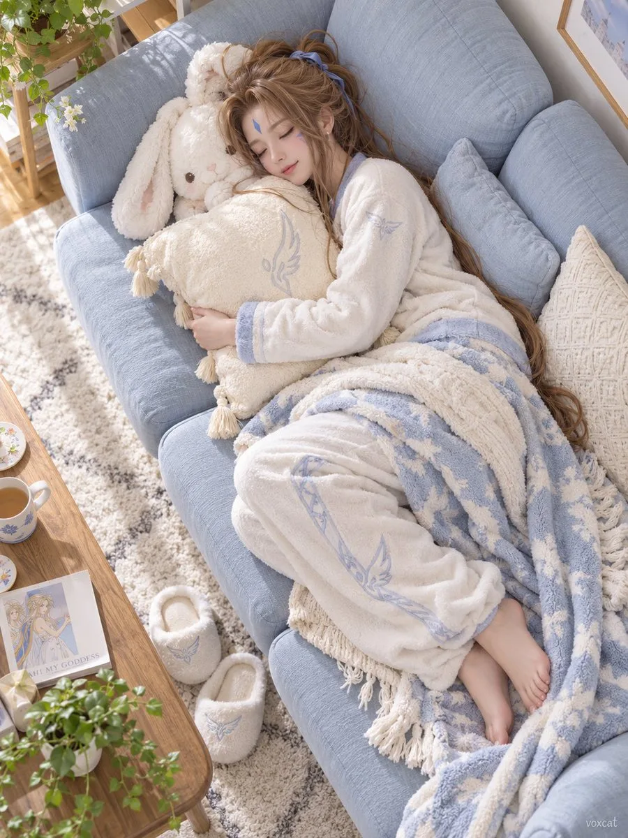 Overhead view of a person sleeping peacefully on a cozy sofa hugging a pillow. (4)