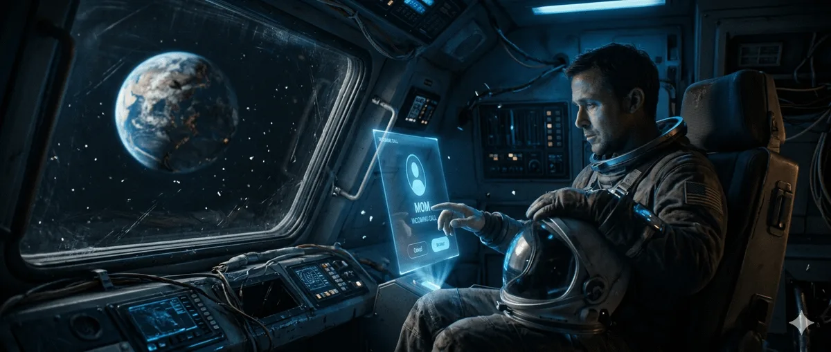 A lonely astronaut inside a damaged spacecraft hesitating to answer a call from Earth.