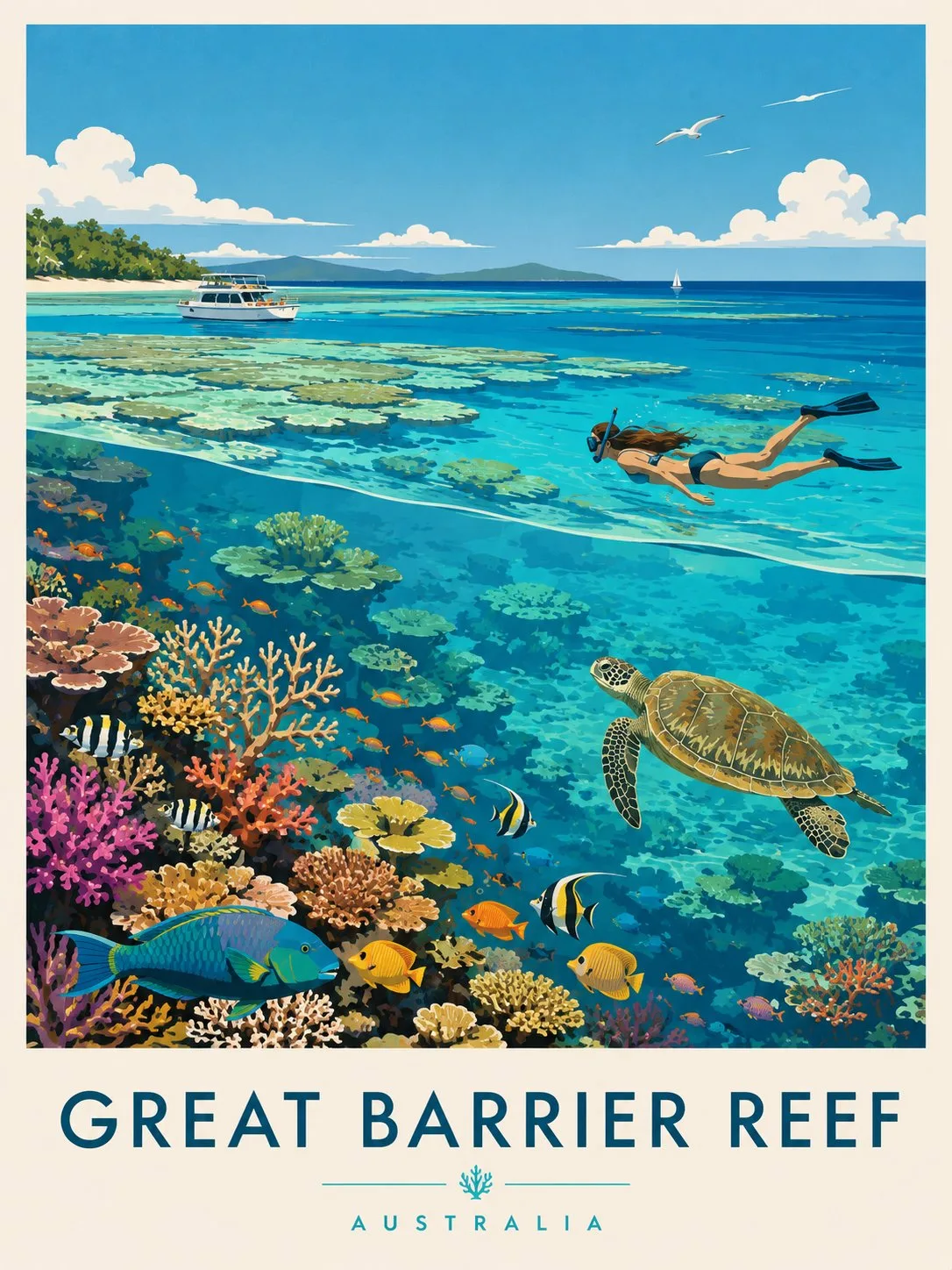 Retro travel poster illustration of a snorkeler and sea turtle at the Great Barrier Reef.