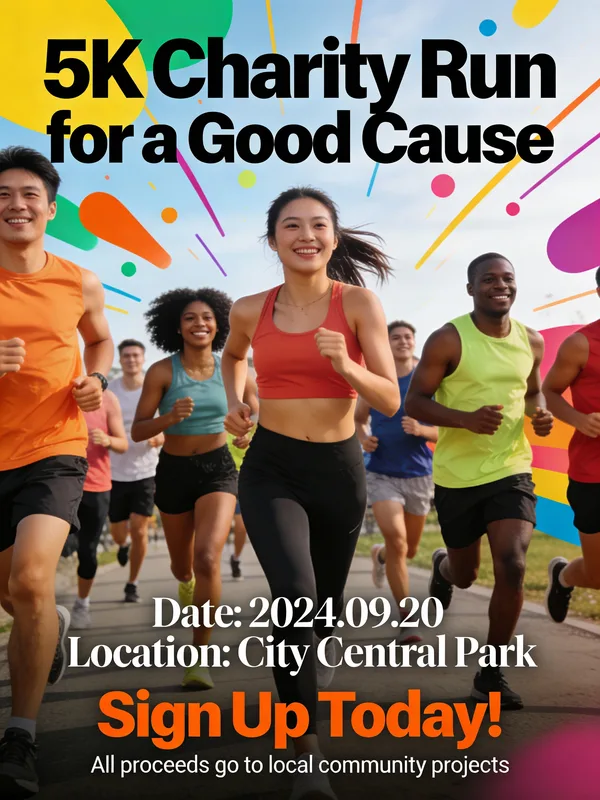 Diverse group of happy people running in a charity 5K event poster