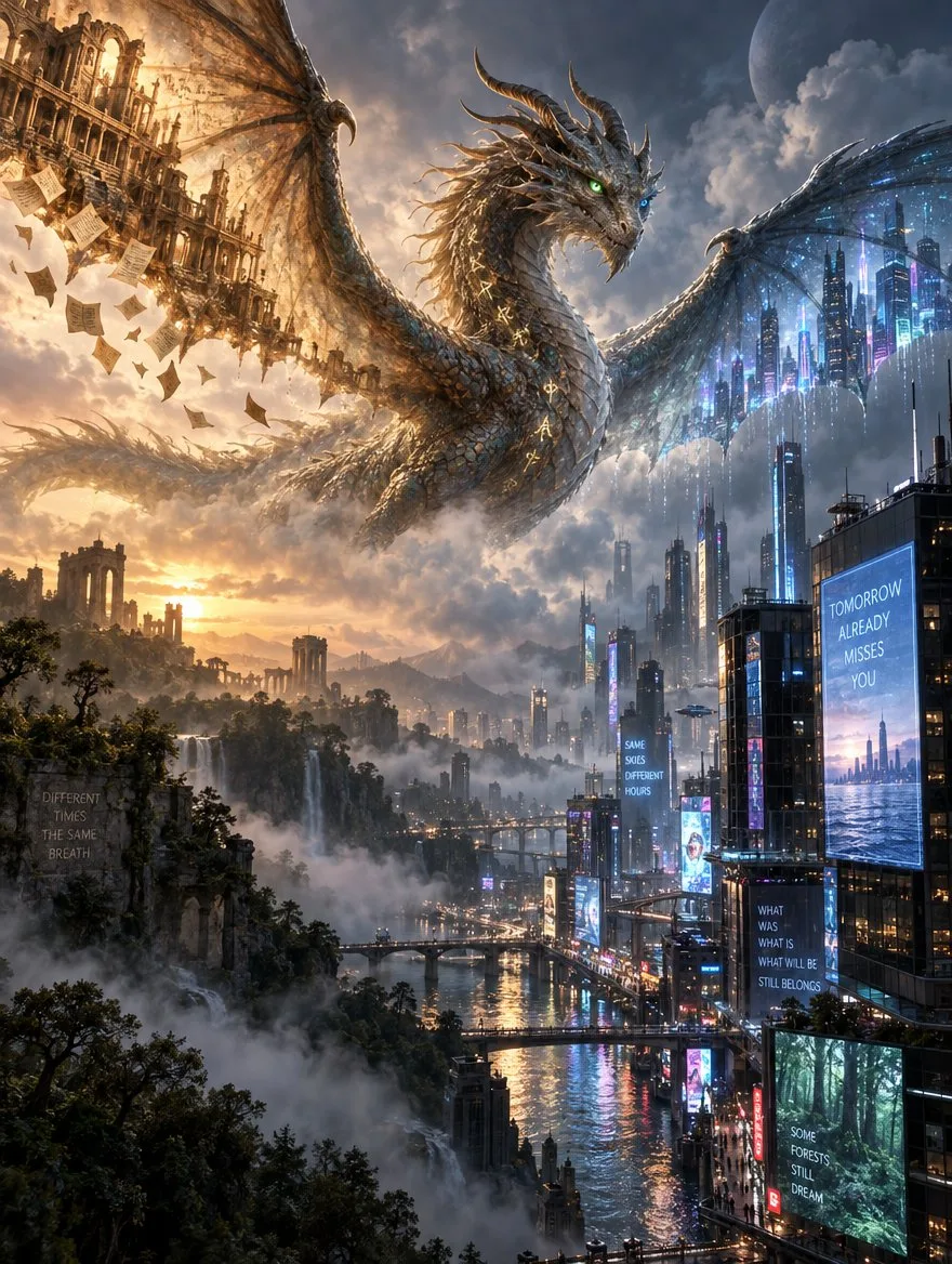 An ancient glowing dragon flying over a futuristic neon city in the rain.