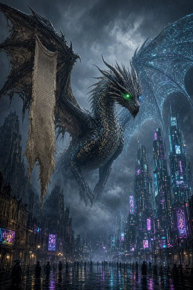 An ancient glowing dragon flying over a futuristic neon city in the rain. (2)
