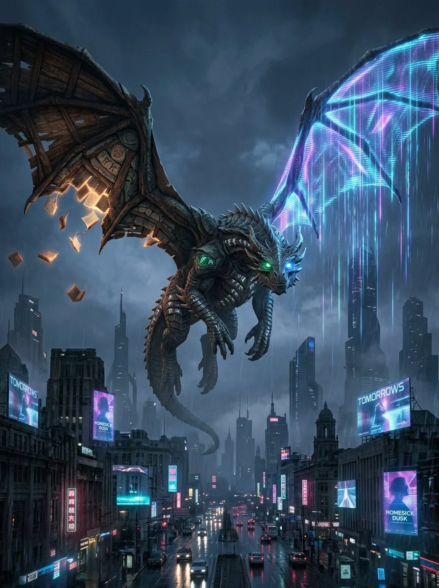 An ancient glowing dragon flying over a futuristic neon city in the rain. (3)