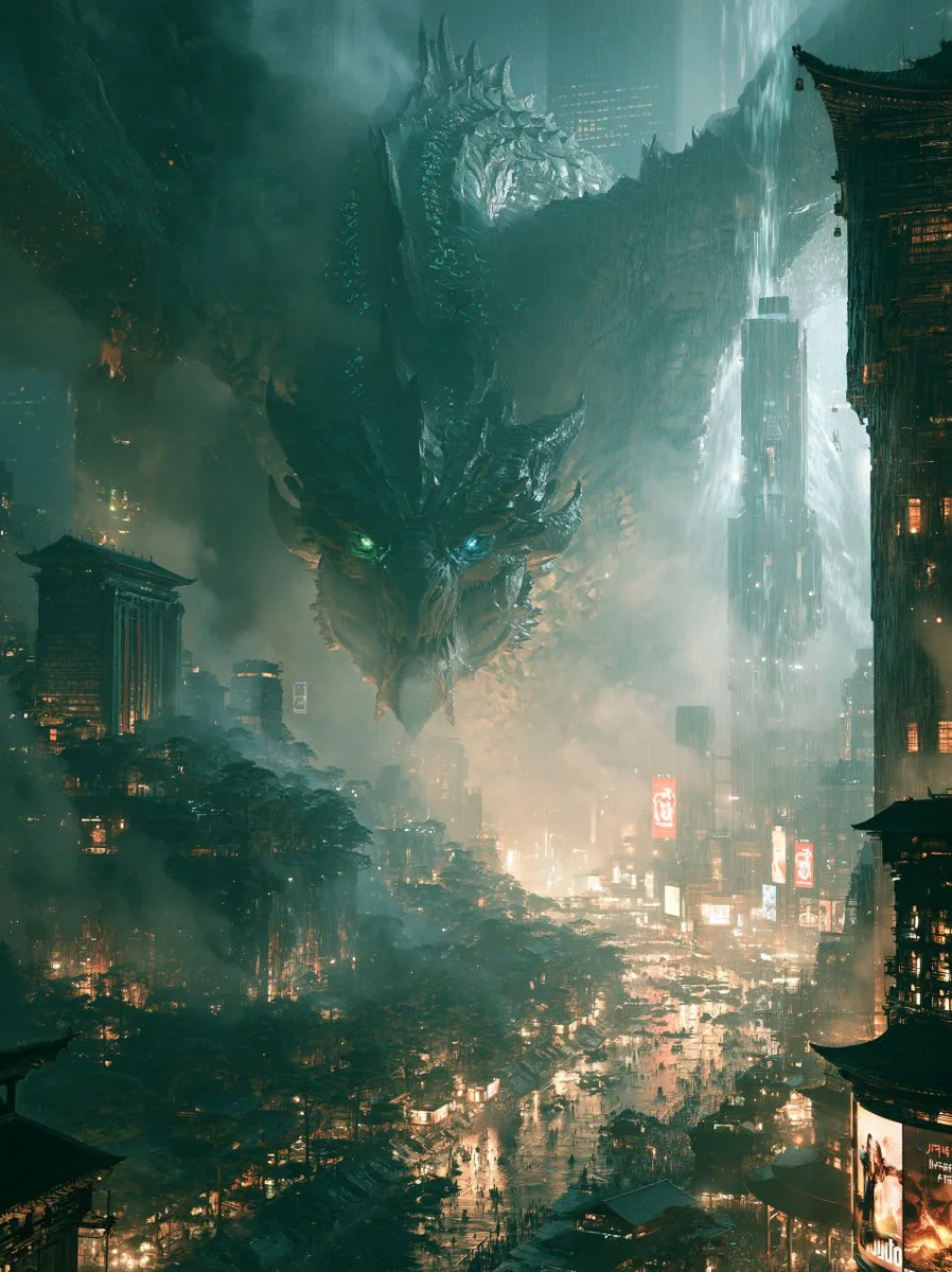 An ancient glowing dragon flying over a futuristic neon city in the rain. (4)