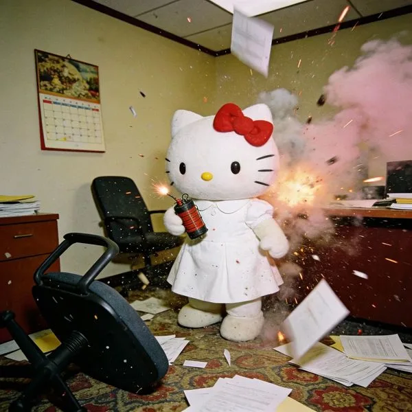Hello Kitty standing in an exploding office with retro film grain.