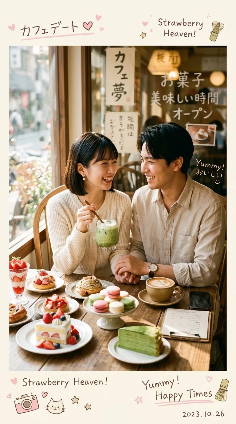 A stylish young couple sharing desserts and coffee in a cozy aesthetic café with soft lighting.