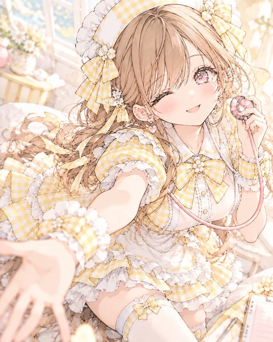 Sweet pastel yellow and white gingham Lolita nurse dress with lace and bows (2)