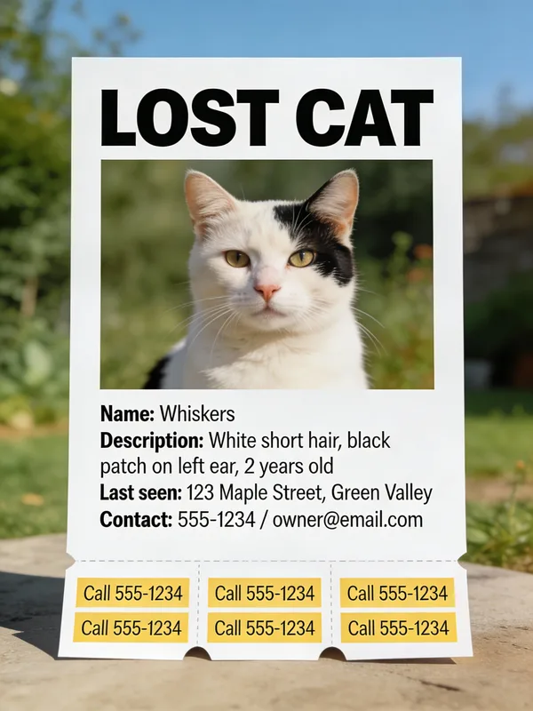A Lost Cat flyer template with a photo, bold headline, and tear-off contact tabs.