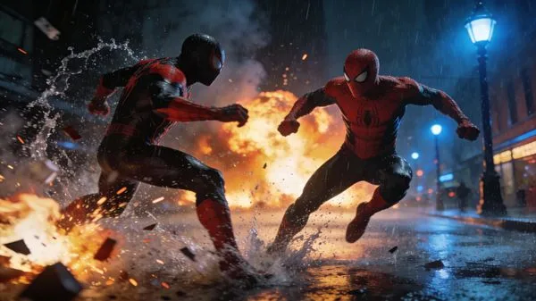 Red and black superhero in combat on a rainy street with explosions.