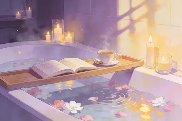 A relaxing candlelit bathtub with flower petals, a book, and tea on a wooden tray.