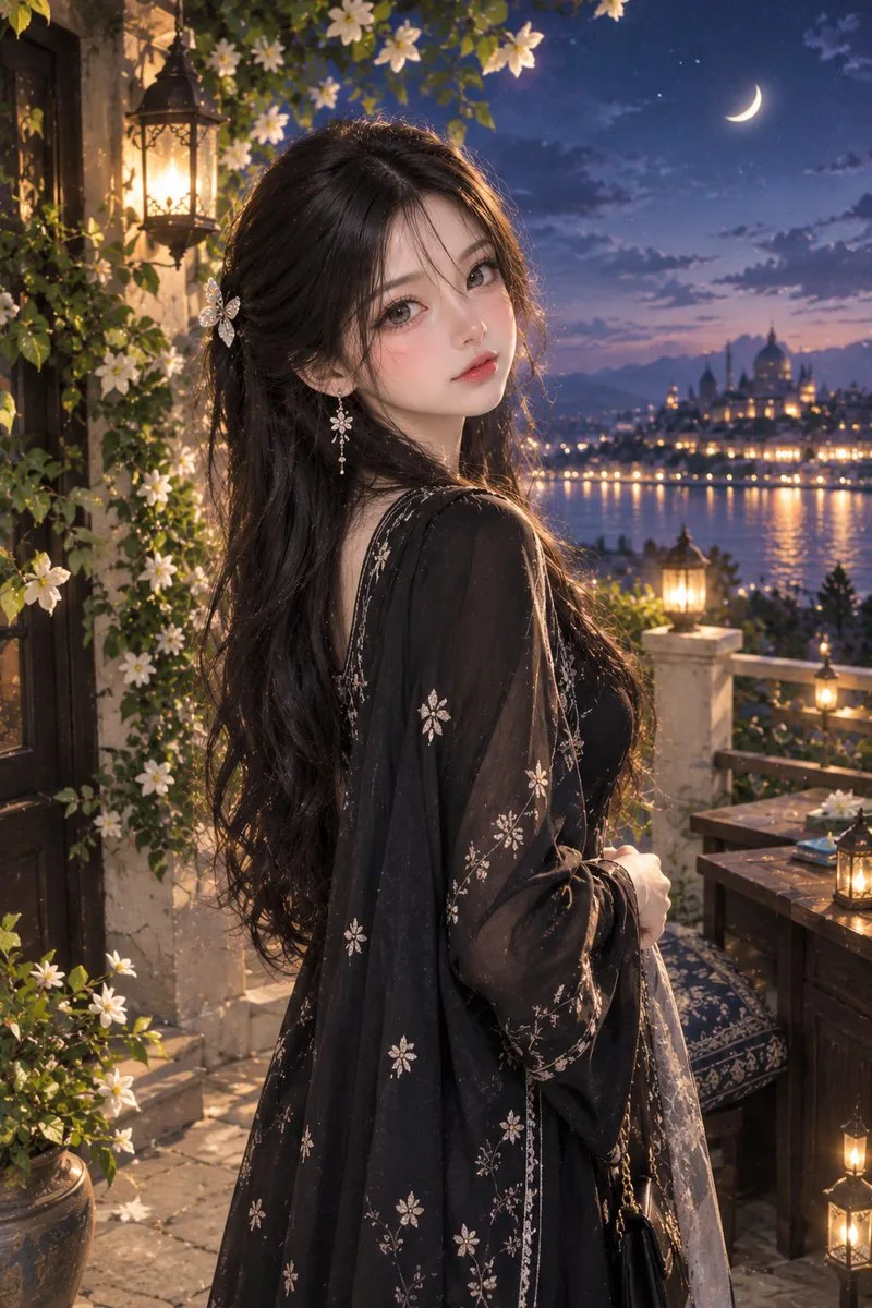 A beautiful woman in a black floral dress on a moonlit terrace overlooking a magical city.