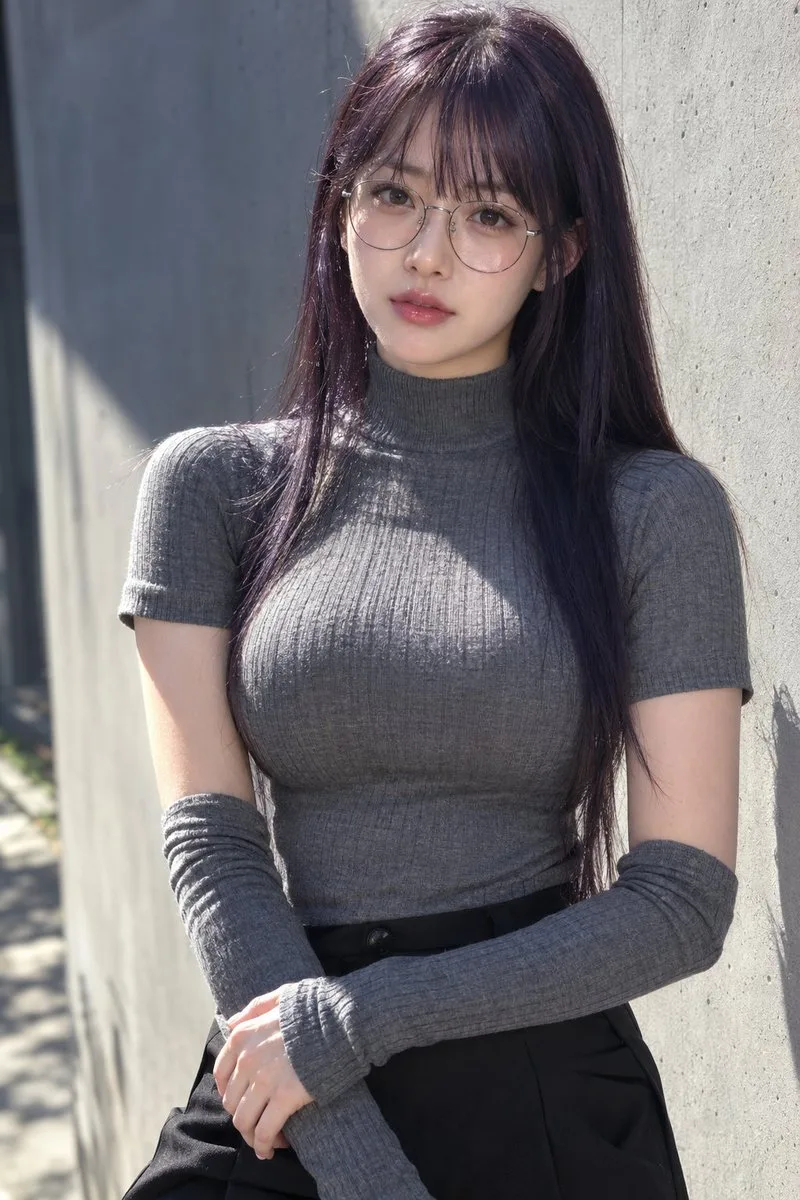 East Asian woman with violet hair wearing a gray turtleneck posing against a concrete wall.