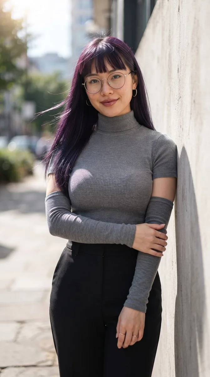 East Asian woman with violet hair wearing a gray turtleneck posing against a concrete wall. (2)