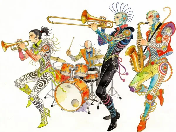 A vibrant, detailed illustration of a bizarre futuristic band performing with exaggerated movements.